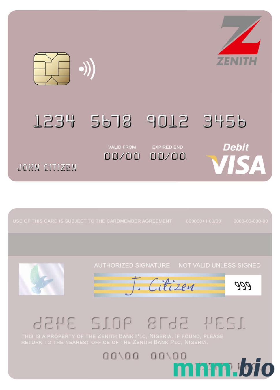Nigeria Zenith Bank Plc visa debet karta przykład w formacie PSD